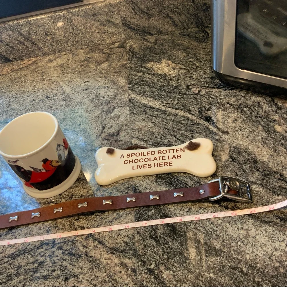 Chocolate Labrador Bundle Wendy Russell Mug, XL leather collar &home accent sign